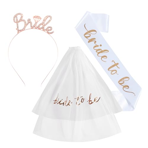 Bride To Be Embroidered Veil, Bridal Wedding Veil White Short Veils with Comb for Wedding, Bachelorette Party for Brides, Bridal Shower,Bachelorette Party Supplies Accessories (3, Rose Gold)