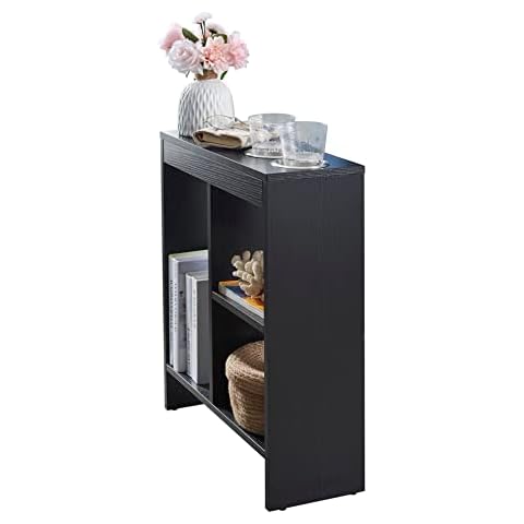 KB Designs - Black Wood Slim Side Sofa End Table with Cup Holders and Built-in Shelving Magazine Holder Cover