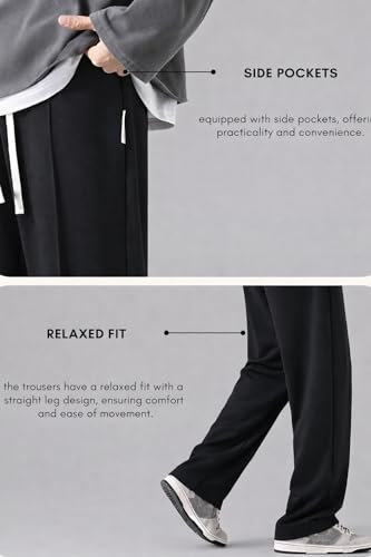 Image of Men Wide Leg Loose Fit Trousers with Elastic Waist & Drawstring - Korean Style Relaxed Straight Pants for Men, Casual Lounge Travel Wear, Comfortable Soft Fabric