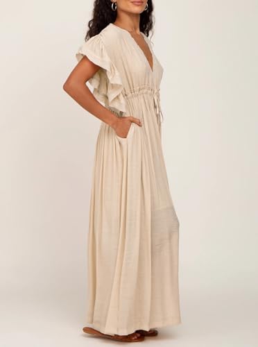 Image of R.Vivimos Maxi Dresses for Women 2026 Summer Short Sleeve V Neck Drawstring Tie Boho Loose Flowy Long Dresses with Pockets