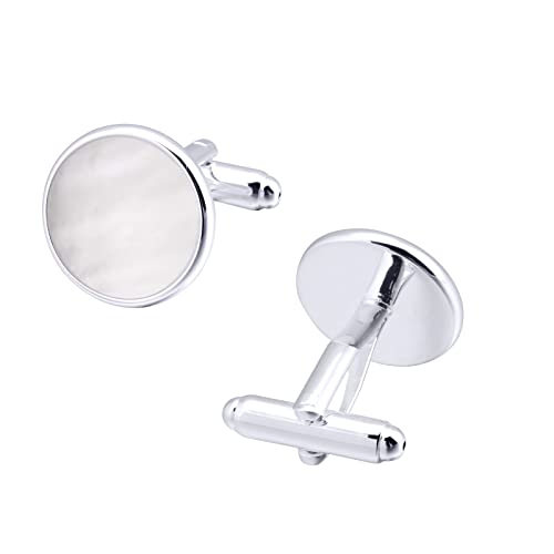 Silver Mother of Pearl Cufflinks in Gift Box Round Cuff Links for Business Wedding Anniversary Dress4