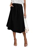 Angerella Women's Boho Elastic High Waist A Line Skirt Below Knee Swing Beach Midi Skirt with Pockets(Black,L)