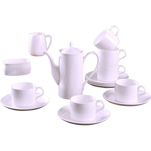 MMFXUE 15 Juegos de café para Uso doméstico Juego de té de Porcelana para el hogar Familia Real para Tazas y platillos con Tetera Azucarero Jarra de Leche Cerámica Cover