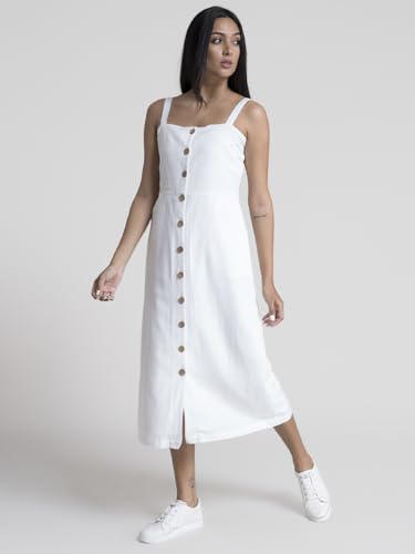 FableStreet Women Cotton White Solid Button-Down A-Line Midi Dress - Image 3