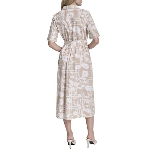 Image of DKNY Women's Short Sleeve Cotton Poplin Collared Midi Shirtdress