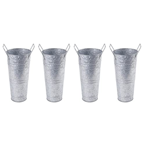 Zoofox Set Of 4 Galvanized Metal Vases, 9" Farmhouse French Bucket With Handles, Rustic Style Metal Flower Holder For Home And Wedding Table Centerpiece Decor ( Silver ) #TOP6