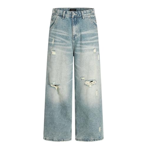 Men's Spliced Wide Leg Jeans, Washed Distressed, Retro High Street Loose Fit Denim Pants