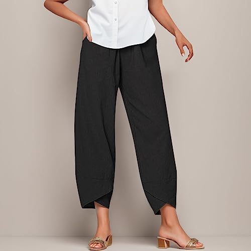 Linen Pants Women Jeans Linen Pants Women Palazzo Lounge Pants Cropped Comfy Baggy Trousers with Pockets Wide Leg Bottom Sweatpants Vacation Cargo Classy for Church Plus Size Elastic Waist2