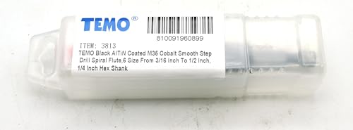 Image of TEMO Black AITiN Coated M35 Cobalt Smooth Step Drill Spiral Flute Unibit, 6 Size from 3 /16 Inch to 1 /2 Inch, 1 /4 Inch Hex Shank
