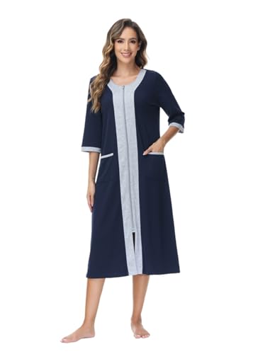 Alunsito Women's Long Housecoat Full Zipper Robes Loungewear with Pockets Bathrobes Lightweight Fall Winter Nightgowns XX-Large Dark Blue
