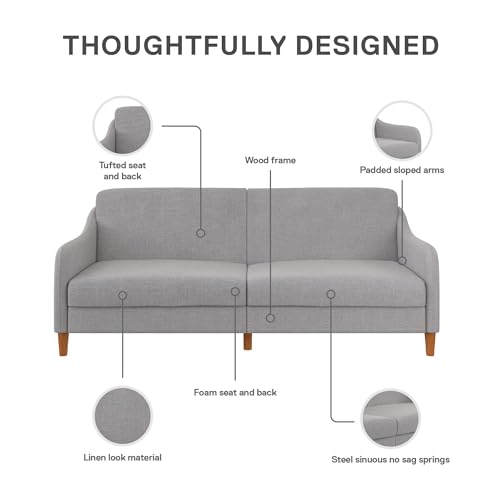 DHP Jasper 77 Inch Futon Sofa Bed, Modern Upholstered Couch Sleeper with Sloped Arms, Twin, Light Gray