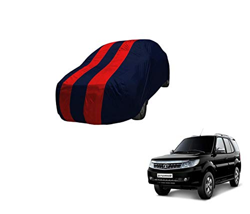 Image of Auto Hub Car Cover Compatible with Tata Safari Storme with Mirror Pocket,Triple Stitched, Weather Proof, Safari Storme Car Cover- Navy-Red
