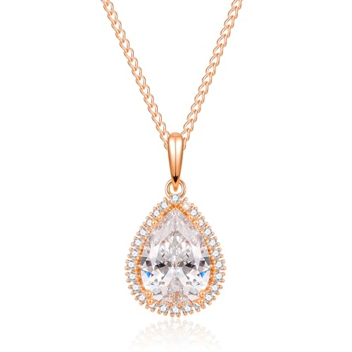 CERSLIMO Rose Gold Necklace for Women - 14K Rose Gold with White Diamond Teardrop Pendant Necklace, Dainty Jewellery Gifts for Girlfriend Wife Christmas Birthday Wedding Gifts for Bridesmaid