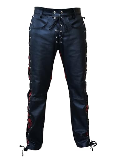 Mens Black Red Genuine Leather Biker Pants - Real Cowhide Premium Quality Lace Side Sexy3