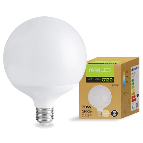 Maxled, Light is Led! Pack de 10 Lámparas LED E27 G120, 20W Sustituye 160W Halógena, 4000K Luz Neutra, Bola, 2100lm, Ahorradora, No Regulable, 180°, 230V CA