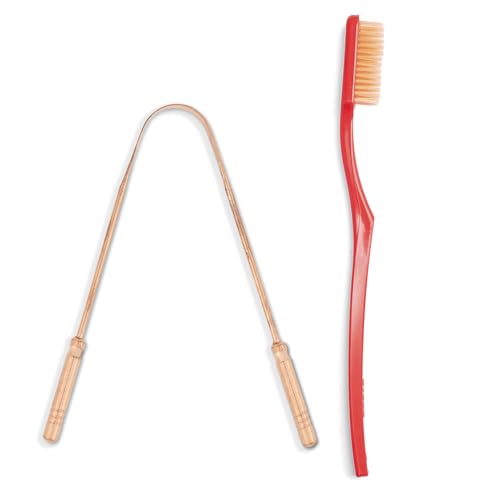 Image of Ozette Travel Kit - Includes 1 Super Soft Sensitive Toothbrush and 1 100% Copper Tongue Cleaner /Scraper with Anti-Bacterial Container, Cover, Holder - Pack of 2, Ideal for Home and Travel Use
