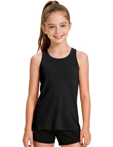 HASMES Girls Tank Tops Racerback Kids Athletic Sleeveless Shirts for Workout Gymnastics Running Black