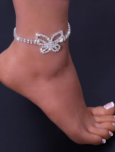 Image of Fesciory Silver Ankle Bracelets for Women, Adjustable Rhinestone Pendant Tennis Anklet, Butterfly Heart Infinite Diamond Summer Beach Foot Chain Jewelry Gifts