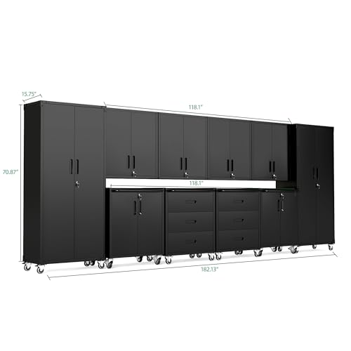 Image of 10-Piece Heavy Duty Steel Garage Cabinet System | All-in-One Modular Garage Cabinet Set for Ultimate Workshop Organization | Easy Assembly Garage Storage Cabinets & Tool Bench (Black)