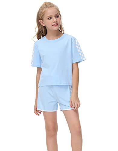 Girls Boys Cotton Comfy Short Sleeve Tee And Lounge Jogger Shorts Clothing Sets Blue #TOP1