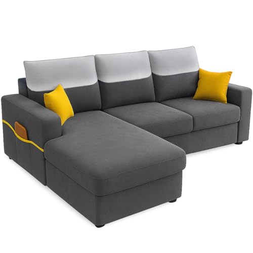 Image of Furny Tokiaa 4 Seater Fabric LHS L Shape Sofa Set (Dark Grey) | Soft Velvet Fabric | Modern Design | Comfortable Seating | Living Room Furniture