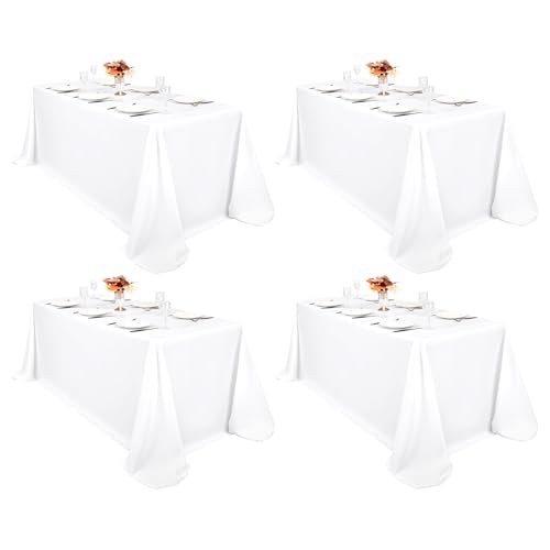 Pesonlook Lot de 4 nappes rectangulaires blanches, 228,6 x 396,2 cm en polyester lavable en masse, nappes en tissu polyester pour mariage, fête, banquet, buffet, table...