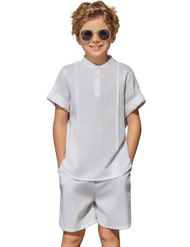 Image of Arshiner Boy's 2 Pieces Linen Sets Short Sleeve Henley Shirt and Shorts Summer Beach Matching Outfits 4-12 Years
