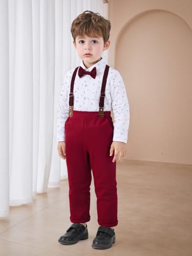 Image of Boarnseorl Baby Boys Pants Sets, Infant Long Sleeve Shirt + Pants + Bow Tie + Suspenders Outfits