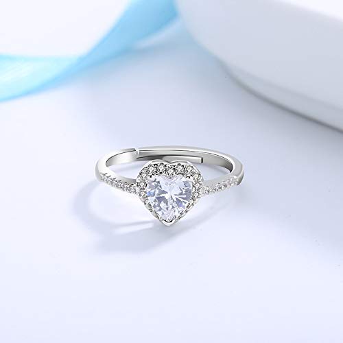 GEBSKI Elegant 925 Sterling Silver Heart-Shaped Cubic Zirconia Ring for Women, 14K White Gold Plated Adjustable Band, Sparkling Simulated Diamond Engagement Ring, Hypoallergenic Fine Jewelry for Her4