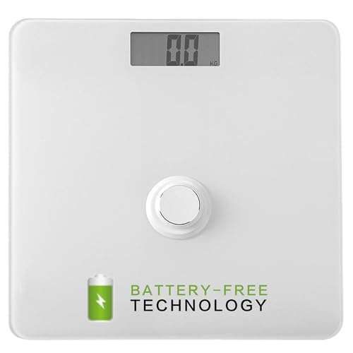 PUPURGE Mechanical Bathroom Scales Battery Free, Body Weight Scale no Battery with Press to Generate Electricity Technology, High-Precision Mechanical Scales, LCD Display, Weighing 180 kg, White