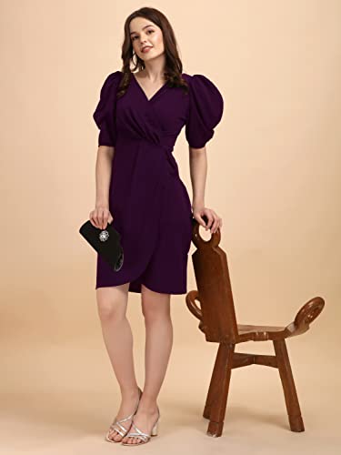 Image of Sheetal Associates Women's Puff Sleeve V-Neck Bodycon Casual Mini Dress