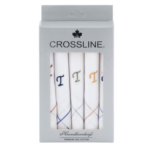 Image of CROSSLINE Men's Initial Monogram (A-Z) Embroidery 100% Pure Cotton Handkerchief | White Base With Colored Border | Handkerchiefs For Men Cotton Soft - (Pack of 5)