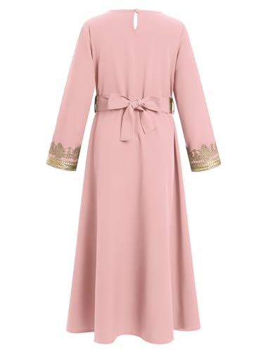 Muslim Dress for Kids Girls Abaya Middle East Ramadan Long Sleeve Lace Prayer Dress Arabic Kaftan with Belt4
