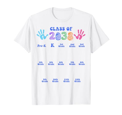 Funny Class of 2038 Grow With Me Handprint prima della 12a elementare Maglietta