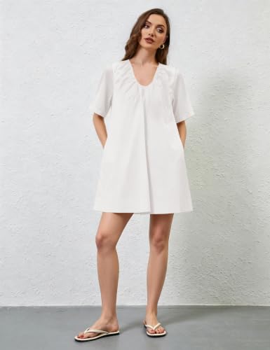Image of Women Summer Sleeveless Babydoll Mini Dress Scoop Neck Loose Fit Tank Dresses Party Ruched Short Dress with Pockets