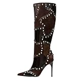 XUNHGAXE Women's Knee High Stiletto Boots – Pointed Toe Rivet Tall Boots with Side Zipper, Sexy High Heel Dress Boots for Party Nightclub Evening Clubwear Fall Winter Fashion Booties-Brown-7.5