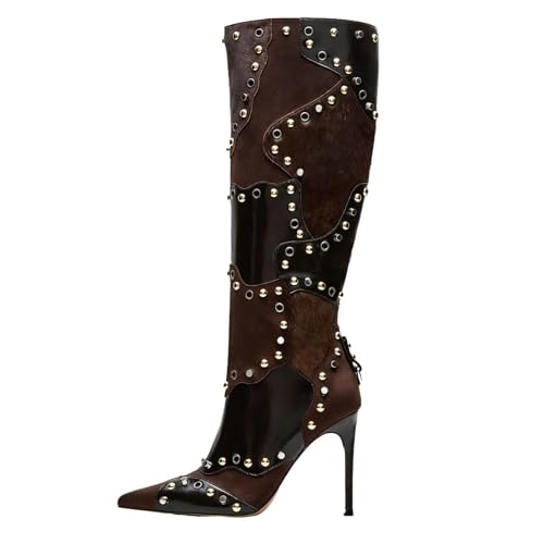 XUNHGAXE Women's Knee High Stiletto Boots – Pointed Toe Rivet Tall Boots with Side Zipper, Sexy High Heel Dress Boots for Party Nightclub Evening Clubwear Fall Winter Fashion Booties-Brown-7.5
