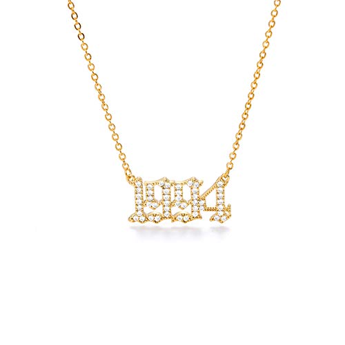 Qermolas Stainless Steel Birth Year Necklace Charm Old English Cubic Zirconia Pendant Necklace Gold Plated 1994