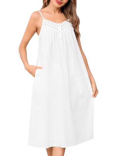 SWOMOG 100% Cotton Nightgowns for Women Lace Nightgown Sleeveless Sleep Dress Victorian Sleepshirt Button Strap Gown