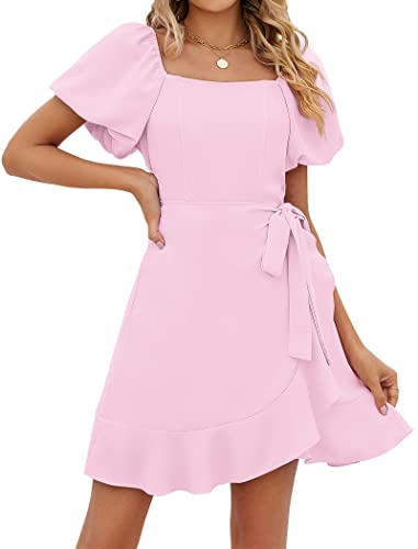 Image of Sampeel Womens Summer Dresses Square Neck Puff Sleeve Tie Waist Short Dress