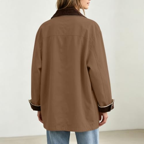 Womens Barn Jacket Corduroy Collar Cuffs Lightweight Button Front Pockets - image 4
