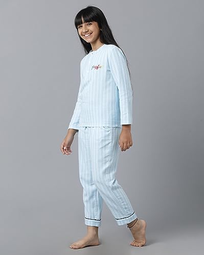 Image of Under Fourteen Only Girls Brushed Flannel Check Night Suit Set | Cotton Printed Mandarin Collar Top with Contrast Buttons & Piping | Full Sleeve Sleepwear with Elastic Waist Pants & Pockets