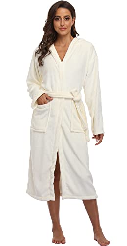 Season Dressing Women Long Fleece Hooded Bathrobe - Plush Fleece Robe Warm With Pockets Soft Fluffy Kimono For Christmas Gift, White 2Xl/3Xl #TOP2