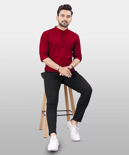 Image of DEEMOON Men's Regular Fit Solid Sprad Collar Casual Shirt with a Trendy Mandarin Collar Crafted from a Premium Cotton Blend