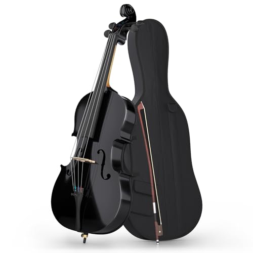 EPOFIT Full Size Cello Kit, Acoustic Cello Instrument for Adults,Students,Beginners,Complete Cello 4/4 Set with Portable Bag, Bow, Rosin (Black)