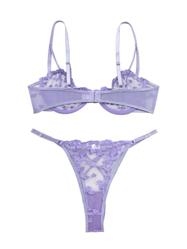 Image of Lilosy Sexy Underwire Cute Push Up Strappy Embroidered Mesh Sheer Lingerie Set See Through Panty Bra