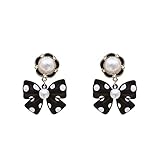ONLYJUMP S925 Silver Needle Delicate Dainty Simple Tiny Bow Tie Ribbon Stud Earrings Handmade Sweet Bowknot Earrings for Women (Black Red) (Black Flower Bow)
