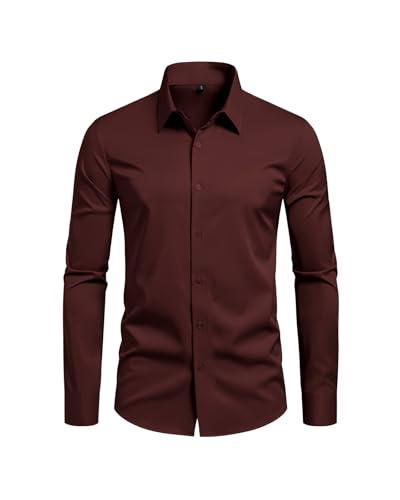 Lasjixion Camisa social masculina slim fit, sem rugas, formal, casamento, manga comprida, abotoada, Vinho tinto, G
