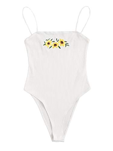 ROMWE Women's Rib Knit Sleeveless Spaghetti Strap Ribbed Cami Bodysuit White-1 X-Large