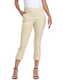 HDE Pull On Capri Pants for Women with Pockets Elastic Waist Cropped Work Pants, Khaki, Large